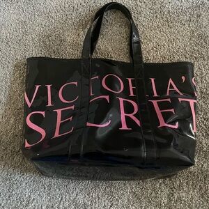 Victoria's Secret Glossy Black Tote with Pink Lettering